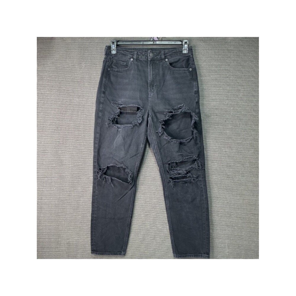 American Eagle Mom Jean Black Distressed High Waist Denim Women's Size 8 US